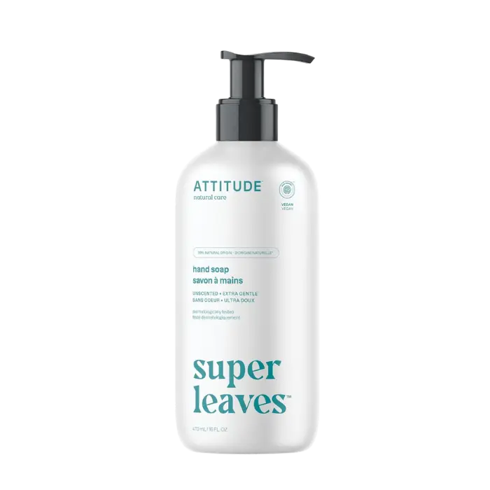Bottle of ATTITUDE Natural Hand Soap Unscented on a bathroom counter, non-toxic and fragrance-free.