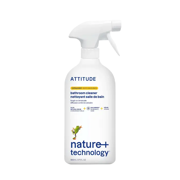 Spray bottle of Attitude Bathroom Cleaner Citrus Zest, eco-friendly non-toxic cleaner for tub, tile, and sink.