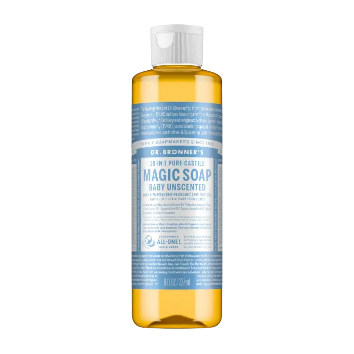 Bottle of Dr. Bronner’s Pure-Castile Liquid Soap Baby Unscented, used as a multi-purpose non-toxic bathroom soap.