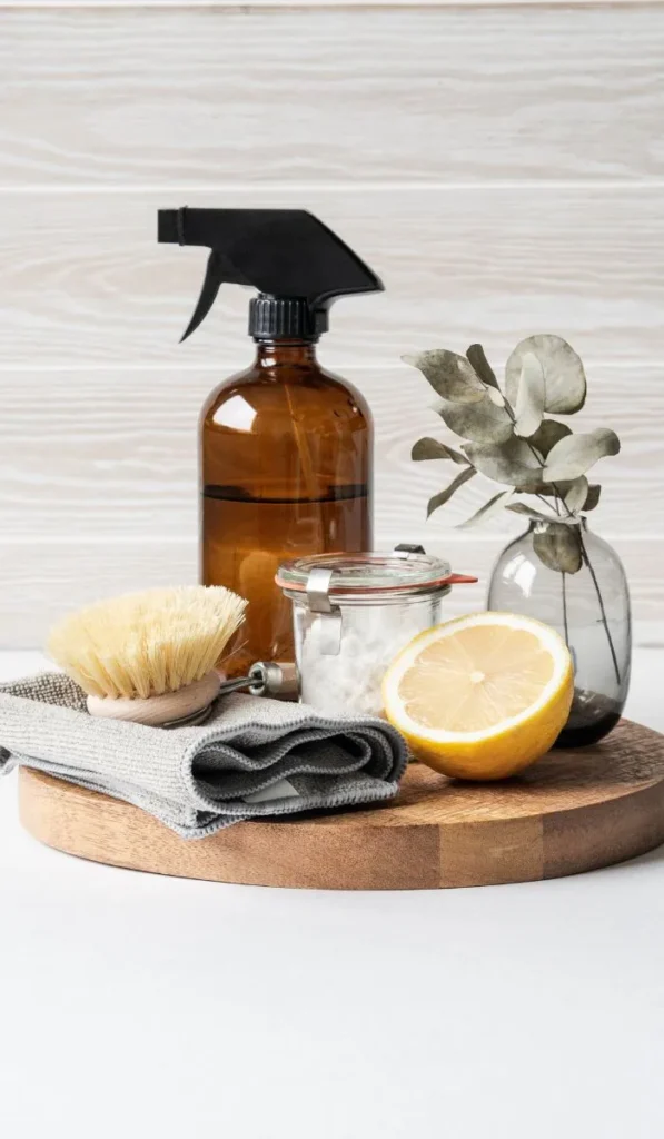Natural bathroom cleaning setup with amber glass spray bottle, scrub brush, cloths, baking soda, and a fresh lemon on a wooden tray.