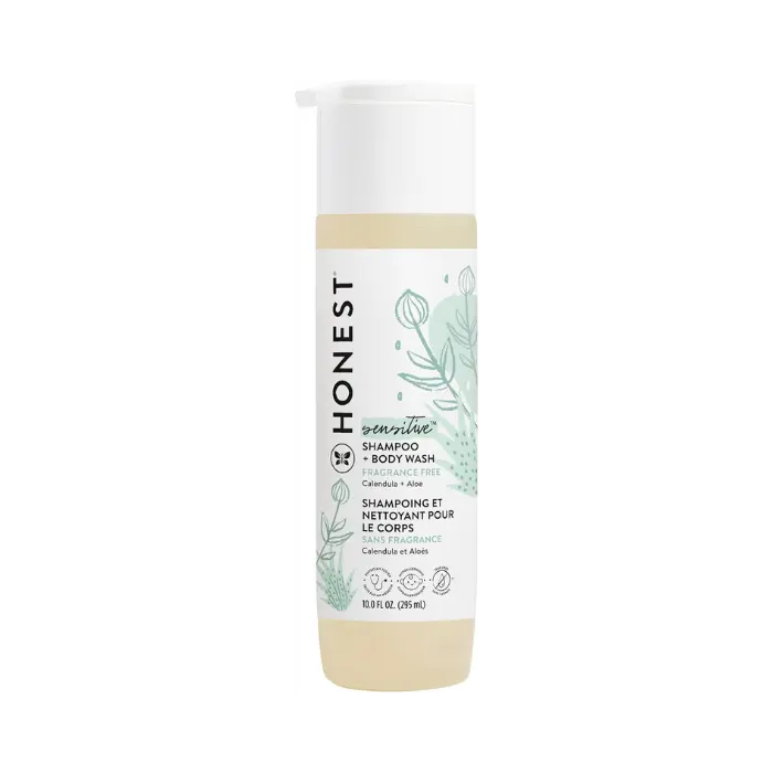 Bottle of The Honest Company 2-in-1 Cleansing Shampoo and Body Wash, non-toxic formula for hair and body.