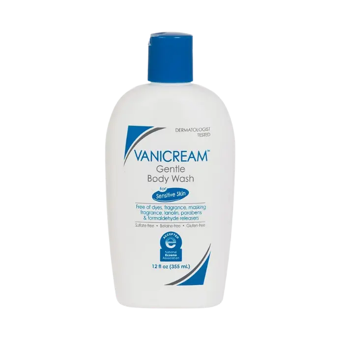 Bottle of Vanicream Gentle Body Wash, fragrance-free cleanser for sensitive or eczema-prone skin.