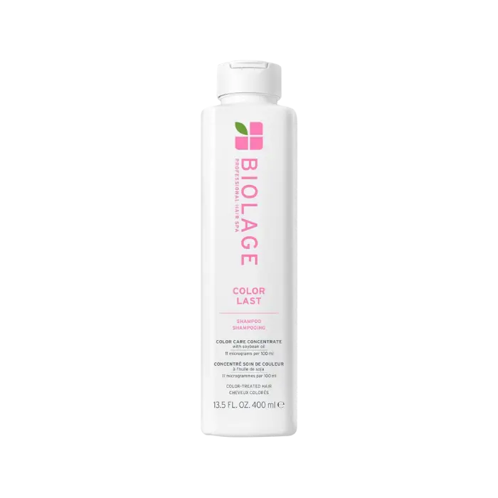 Biolage Color Last sulfate-free shampoo bottle in teal and silver packaging, designed for color-treated hair protection