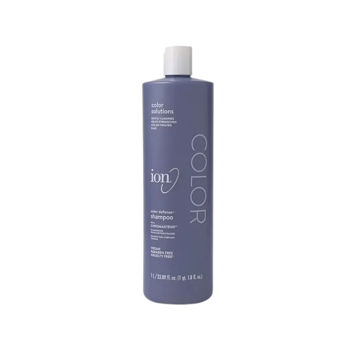 ion Color Defense shampoo bottle with colorful gradient design, formulated for henna and jewel-tone hair colors