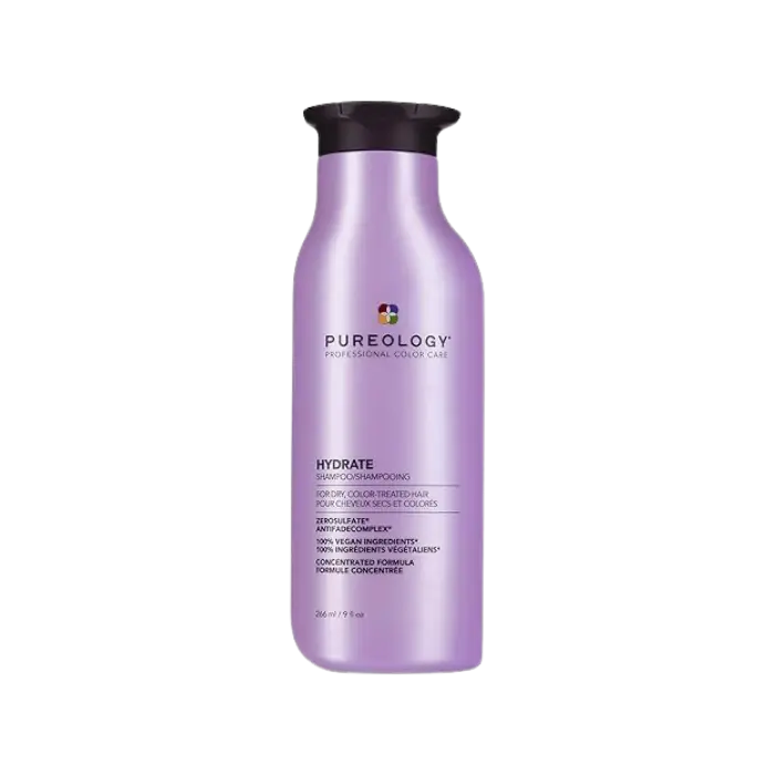 Pureology Hydrate professional-grade shampoo bottle in sleek purple and white packaging, concentrated formula for damaged hair