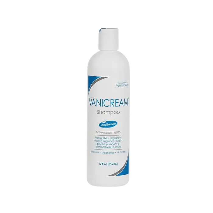 Vanicream dermatologist-recommended shampoo bottle, fragrance-free and sulfate-free formula in minimalist packaging